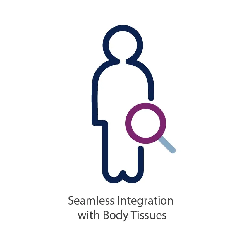 Image of a man using a magnifying glass on the groin, with text "Seamless Integration with Body Tissues."